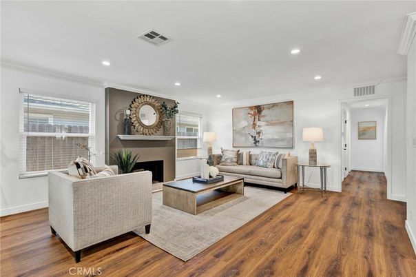 Fireplace, Interior, Living room, Recessed Lighting, Wood Texture Flooring