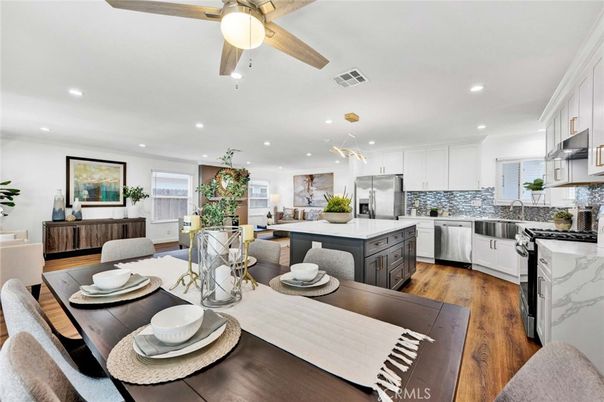 Dining room, Interior, Kitchen, Recessed Lighting, Stainless Steel Appliances, Wood Texture Flooring