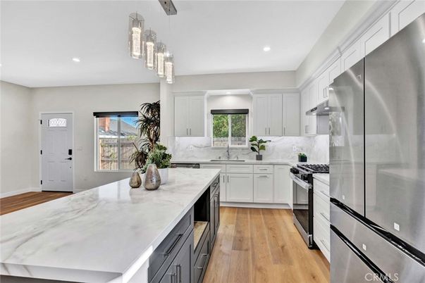 Interior, Kitchen, Pendant Lights, Recessed Lighting, Stainless Steel Appliances, Wood Texture Flooring