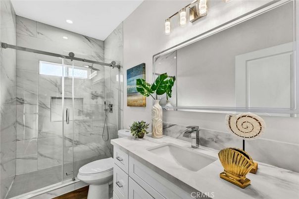Bathroom, Glass Shower, Interior, Marble Walls, Recessed Lighting