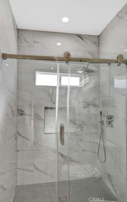 Bathroom, Glass Shower, Interior, Marble Walls, Recessed Lighting