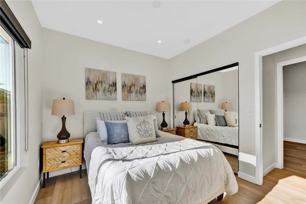 Bedroom, Interior, Recessed Lighting, Wood Texture Flooring