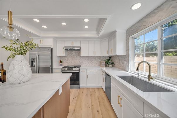 Interior, Kitchen, Pendant Lights, Recessed Lighting, Stainless Steel Appliances, Wood Texture Flooring
