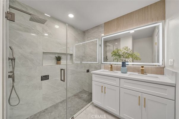 Bathroom, Dual Sink Vanities, Glass Shower, Interior, Marble Walls, Recessed Lighting