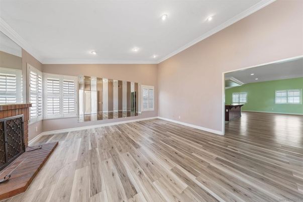 Empty room, Fireplace, Interior, Recessed Lighting, Wood Texture Flooring