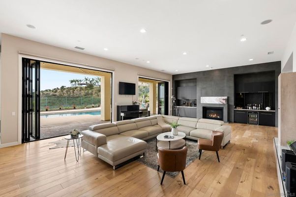 Fireplace, Interior, Living room, Recessed Lighting, Wood Texture Flooring