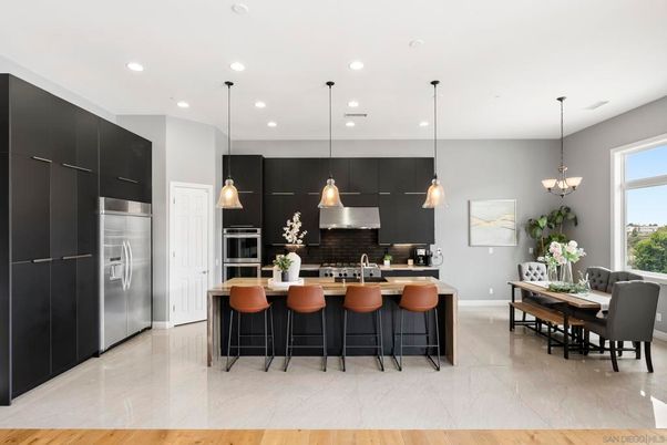 Dining room, Interior, Kitchen, Marble, Pendant Lights, Recessed Lighting, Stainless Steel Appliances
