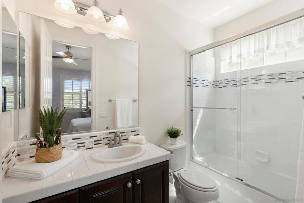 Bathroom, Dual Sink Vanities, Glass Shower, Interior, Tile Countertops