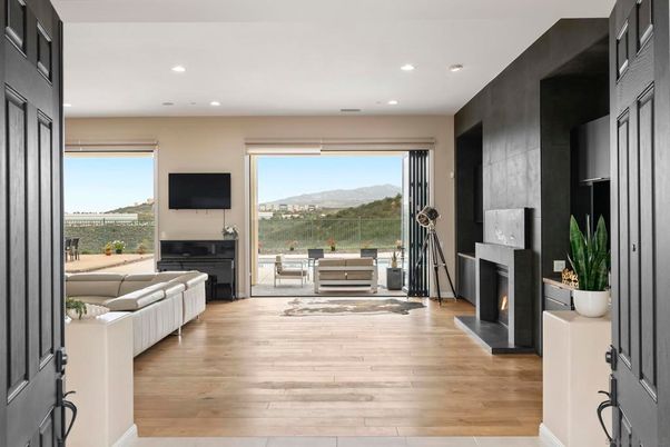 Fireplace, Interior, Living room, Recessed Lighting, Wood Texture Flooring