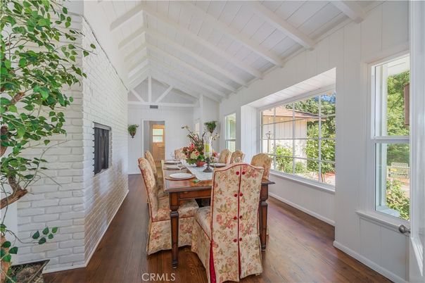 Dining room, Fireplace, Interior, Stone Walls, Wood Texture Flooring
