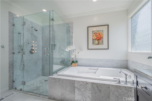 Bathroom, Glass Shower, Interior, Marble Walls, Recessed Lighting