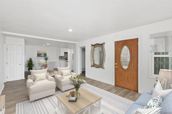 Dining room, Interior, Living room, Recessed Lighting, Wood Texture Flooring