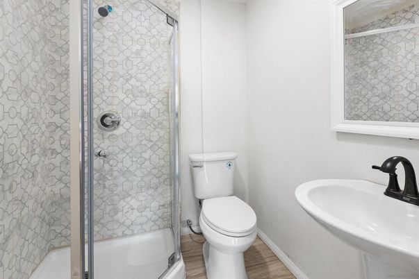 Bathroom, Glass Shower, Interior, Wood Texture Flooring