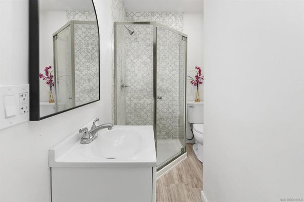 Bathroom, Glass Shower, Interior, Wood Texture Flooring