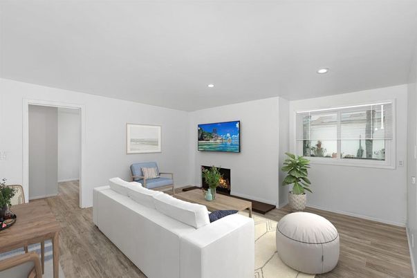 Fireplace, Interior, Living room, Recessed Lighting, Wood Texture Flooring