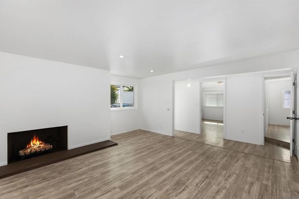 Empty room, Fireplace, Interior, Recessed Lighting, Wood Texture Flooring