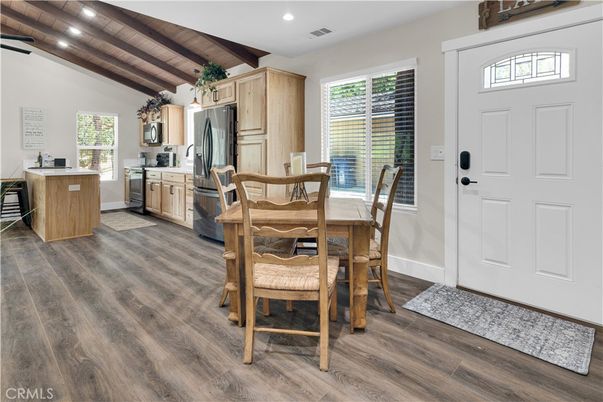 Dining room, Interior, Kitchen, Recessed Lighting, Stainless Steel Appliances, Wooden Beams, Wooden Ceilings, Wood Texture Flooring
