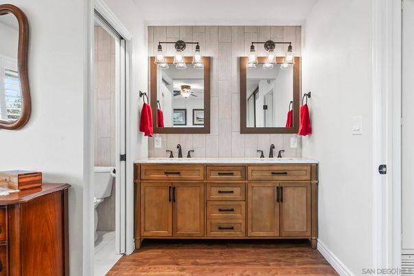 Bathroom, Dual Sink Vanities, Interior, Wood Texture Flooring