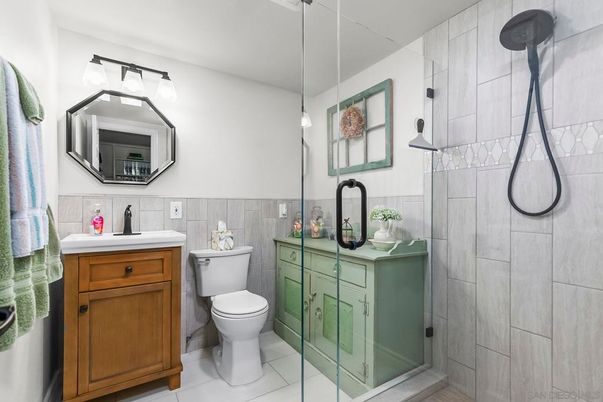 Bathroom, Glass Shower, Interior, Pendant Lights
