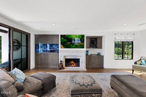 Fireplace, Interior, Living room, Recessed Lighting, Wood Texture Flooring