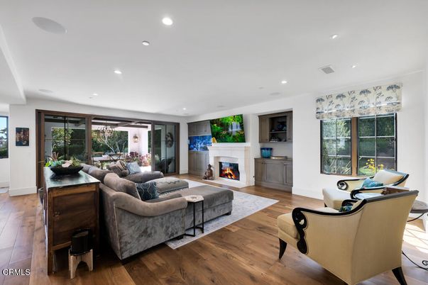 Fireplace, Interior, Living room, Recessed Lighting, Wood Texture Flooring