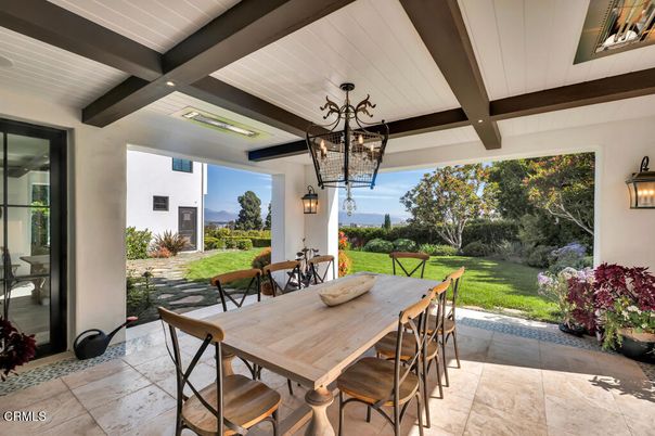 Backyard, Dining room, Exterior, Pendant Lights, Wooden Beams