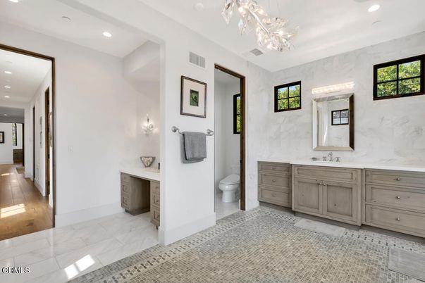 Bathroom, Interior, Marble, Marble Walls, Recessed Lighting, Wood Texture Flooring