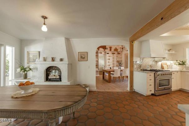 Dining room, Fireplace, Interior, Kitchen, Pendant Lights, Stainless Steel Appliances, Wooden Beams