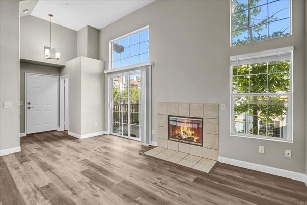 Empty room, Fireplace, Interior, Pendant Lights, Wood Texture Flooring