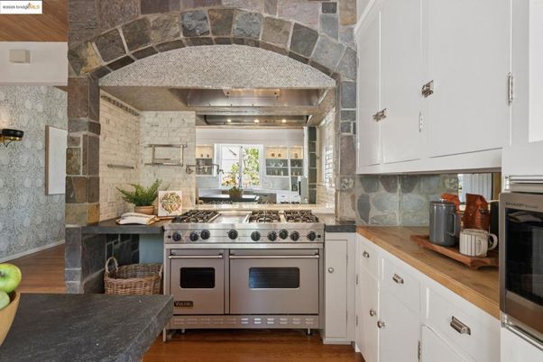 Interior, Kitchen, Stainless Steel Appliances, Stone Walls, Wood Texture Flooring