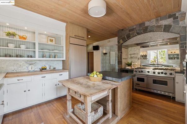 Interior, Kitchen, Recessed Lighting, Stainless Steel Appliances, Stone Walls, Wooden Ceilings, Wood Texture Flooring