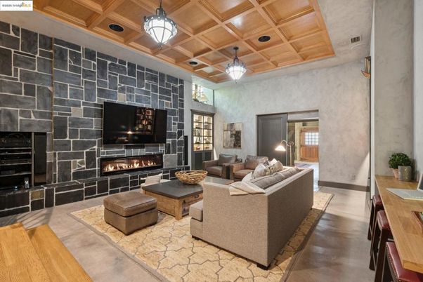 Fireplace, Interior, Living room, Pendant Lights, Stone Walls, Wooden Ceilings