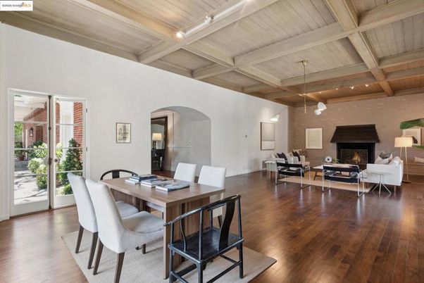 Dining room, Fireplace, Interior, Living room, Pendant Lights, Wooden Beams, Wooden Ceilings, Wood Texture Flooring