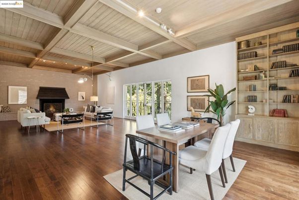 Fireplace, Home Office, Interior, Living room, Pendant Lights, Recessed Lighting, Wooden Beams, Wooden Ceilings, Wood Texture Flooring