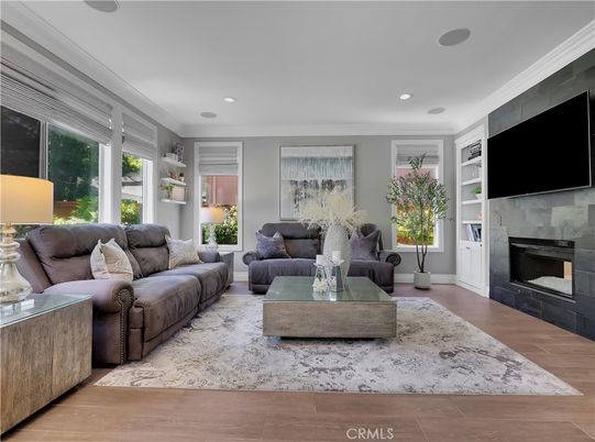 Fireplace, Interior, Living room, Recessed Lighting, Wood Texture Flooring