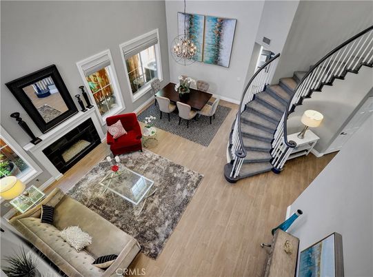 Chandelier, Dining room, Fireplace, Interior, Living room, Pendant Lights, Wood Texture Flooring
