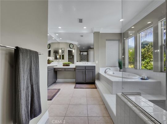 Bathroom, Dual Sink Vanities, Interior, Recessed Lighting, Tile Countertops