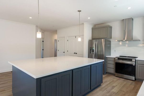 Empty room, Interior, Pendant Lights, Recessed Lighting, Wood Texture Flooring