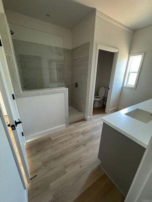 Bathroom, Glass Shower, Interior, Wood Texture Flooring