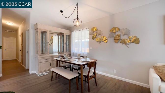 Dining room, Interior, Pendant Lights, Wood Texture Flooring
