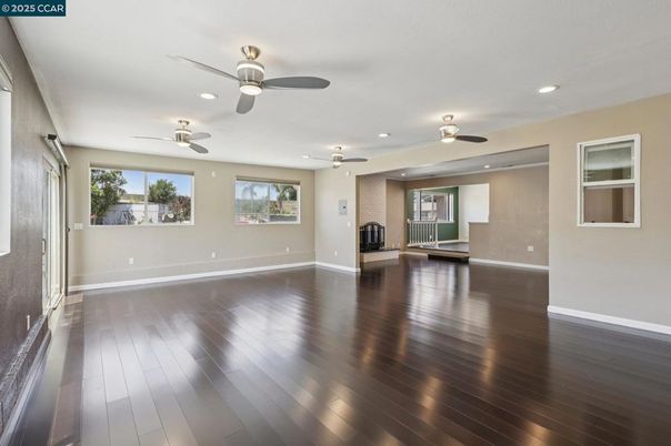 Empty room, Fireplace, Interior, Recessed Lighting, Wood Texture Flooring
