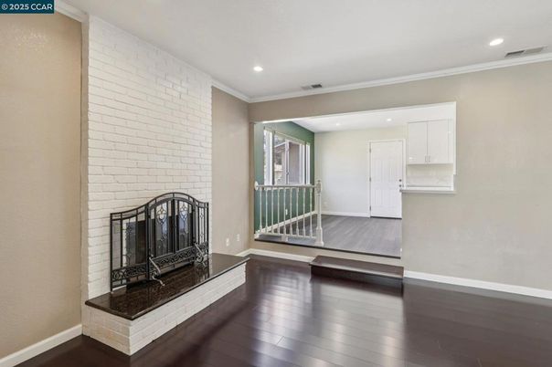 Fireplace, Interior, Recessed Lighting, Stone Walls, Wood Texture Flooring