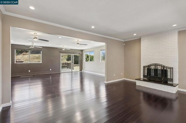 Empty room, Fireplace, Interior, Recessed Lighting, Wood Texture Flooring