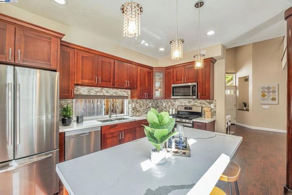 Interior, Kitchen, Pendant Lights, Recessed Lighting, Stainless Steel Appliances, Wood Texture Flooring