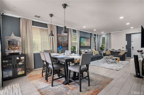 Dining room, Interior, Living room, Pendant Lights, Recessed Lighting, Wood Texture Flooring