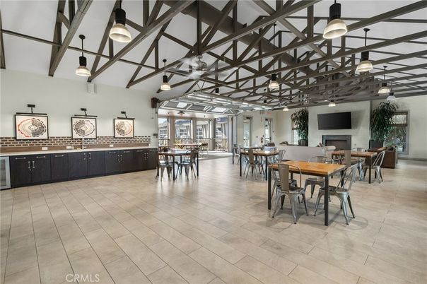 Dining room, Fireplace, Interior, Pendant Lights