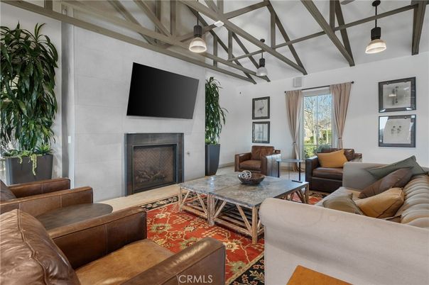 Fireplace, Interior, Living room, Pendant Lights, Wooden Beams