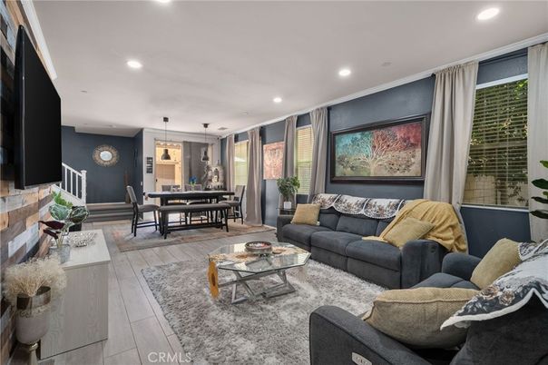 Dining room, Interior, Living room, Pendant Lights, Recessed Lighting, Wood Texture Flooring