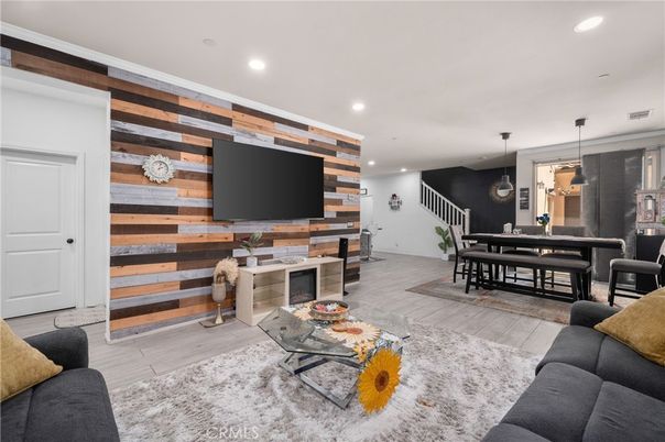 Dining room, Interior, Living room, Pendant Lights, Recessed Lighting, Wood Texture Flooring, Wooden Walls