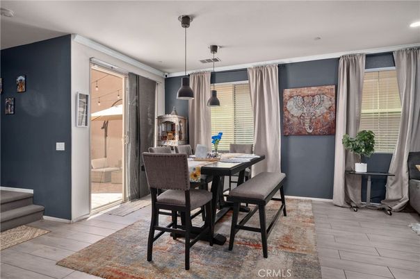 Dining room, Interior, Pendant Lights, Recessed Lighting, Wood Texture Flooring